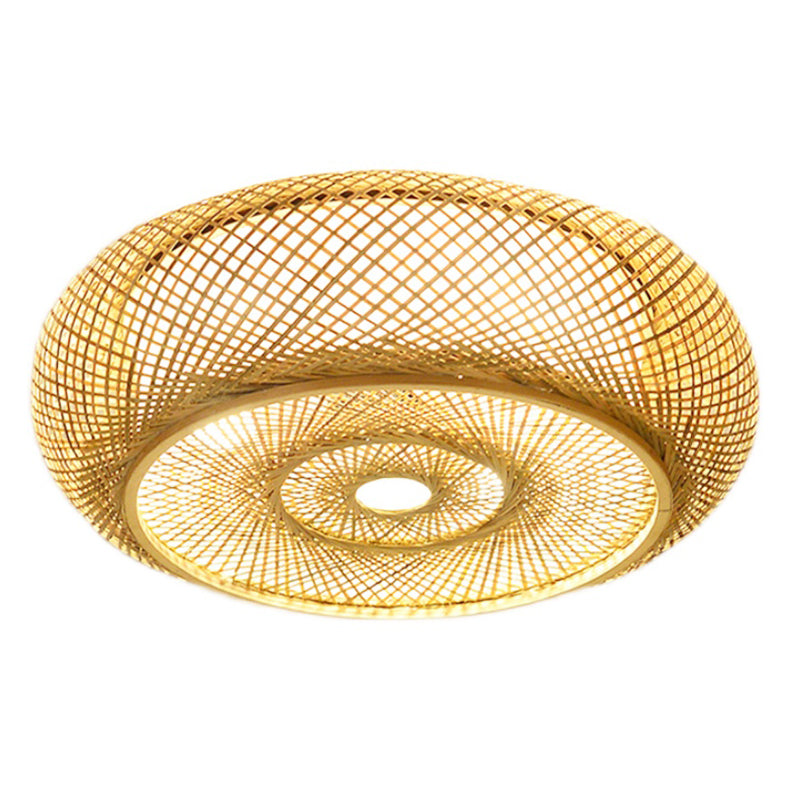 Round Shape Ceiling Lamp Asian Style Rattan 1 Light Flush Mount for Dining Room