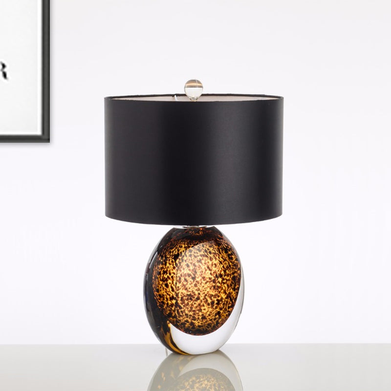 Modernist Drum Task Lighting Fabric 1 Head Small Desk Lamp in Black with Globe Amber Glazed Crystal Base