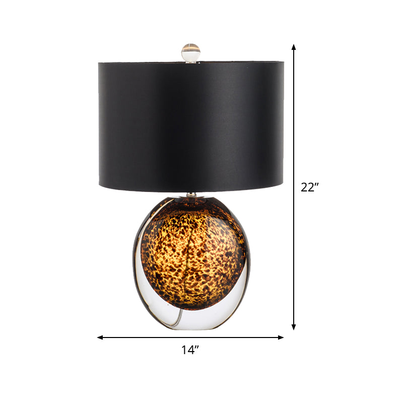 Modernist Drum Task Lighting Fabric 1 Head Small Desk Lamp in Black with Globe Amber Glazed Crystal Base