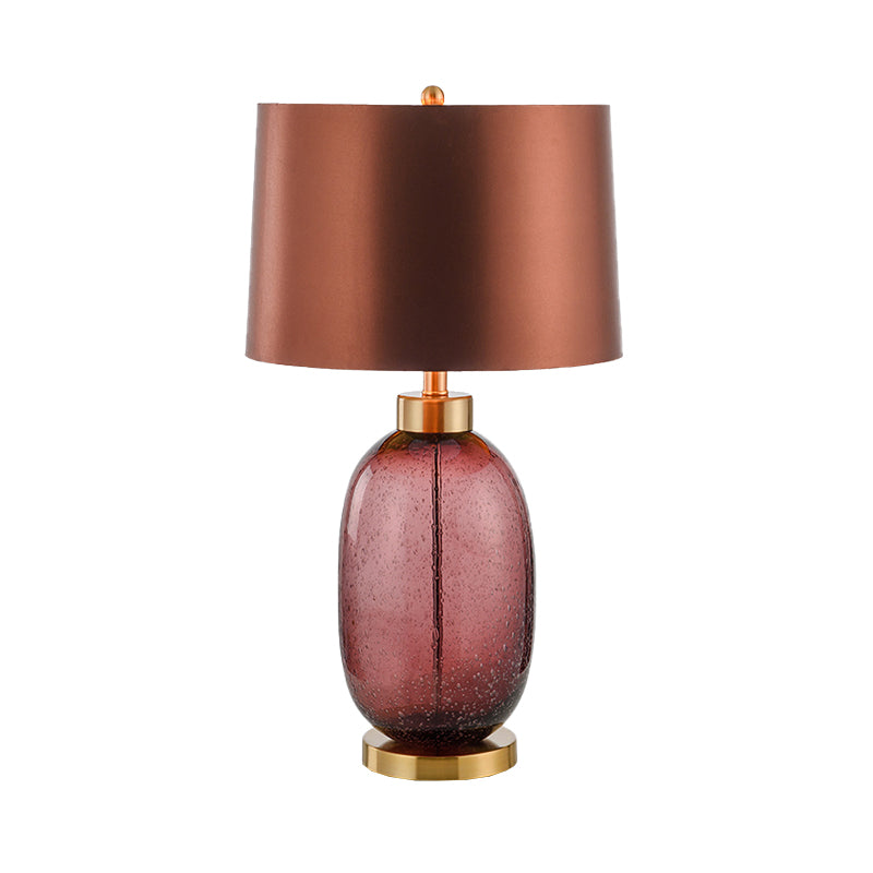 Barrel Shape Desk Light Contemporary Fabric 1 Bulb Night Table Lamp in Brown with Oblong Glazed Crystal Base