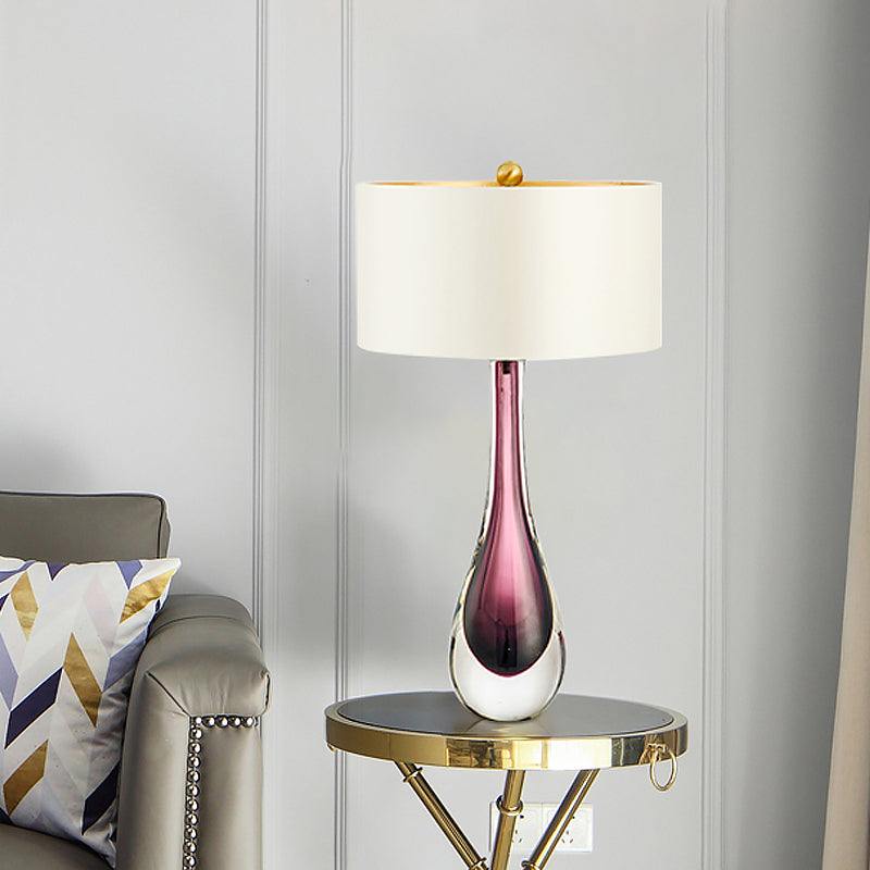 White Droplet Task Lamp Modern 1 Head Purple Crystal Reading Light with Fabric Shade