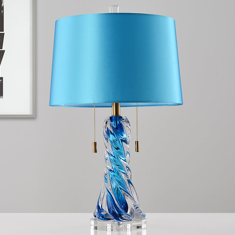 2 Heads Conical Task Lighting Modern Fabric Nightstand Lamp in Blue with Pull Chain