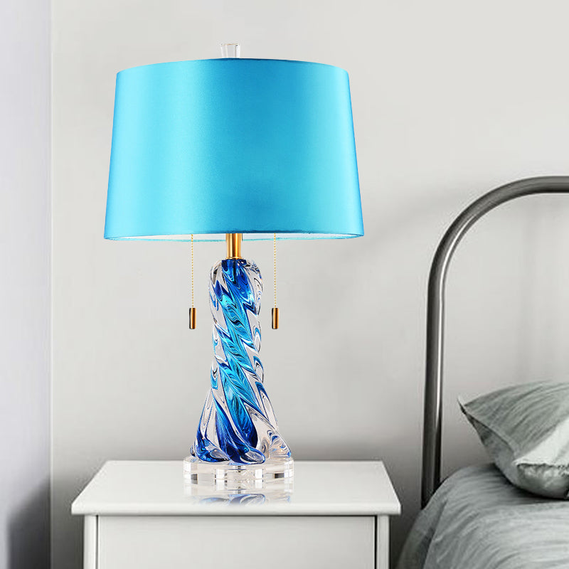 2 Heads Conical Task Lighting Modern Fabric Nightstand Lamp in Blue with Pull Chain