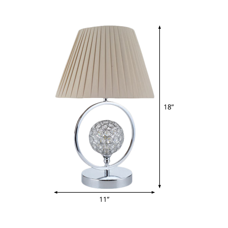 Pleated Fabric Table Light Contemporary 1 Head Beige Reading Lamp with Crystal Bead