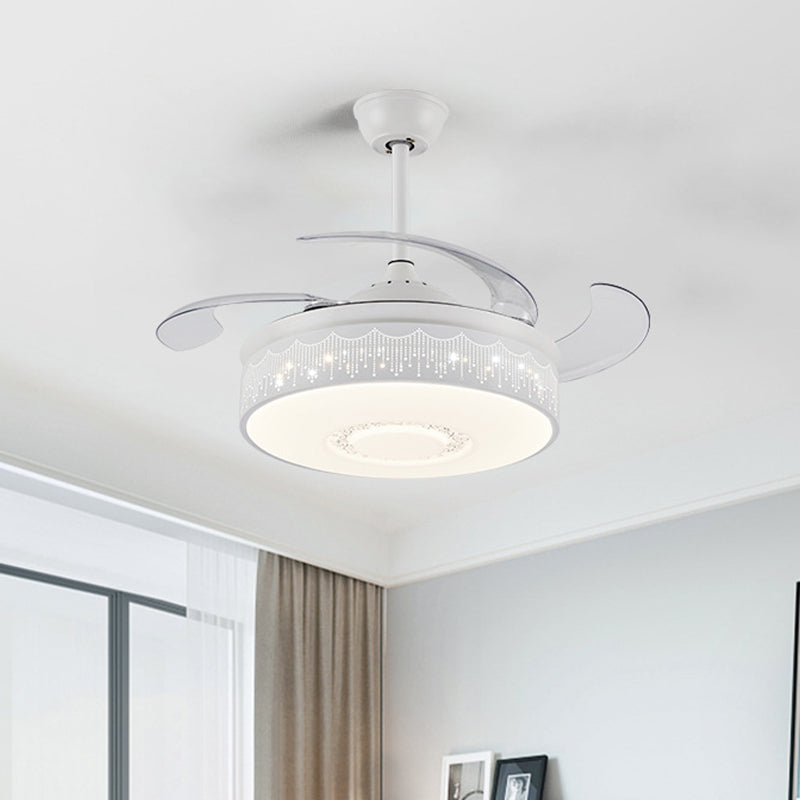 Modern Drum Pendant Fan Lamp 42" Width LED Metal Semi Flush Light Fixture in White with 4 Blades, Wall/Remote Control/Frequency Conversion and Remote Control