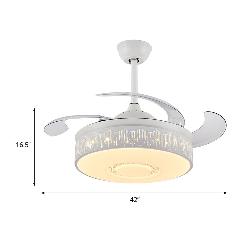 Modern Drum Pendant Fan Lamp 42" Width LED Metal Semi Flush Light Fixture in White with 4 Blades, Wall/Remote Control/Frequency Conversion and Remote Control