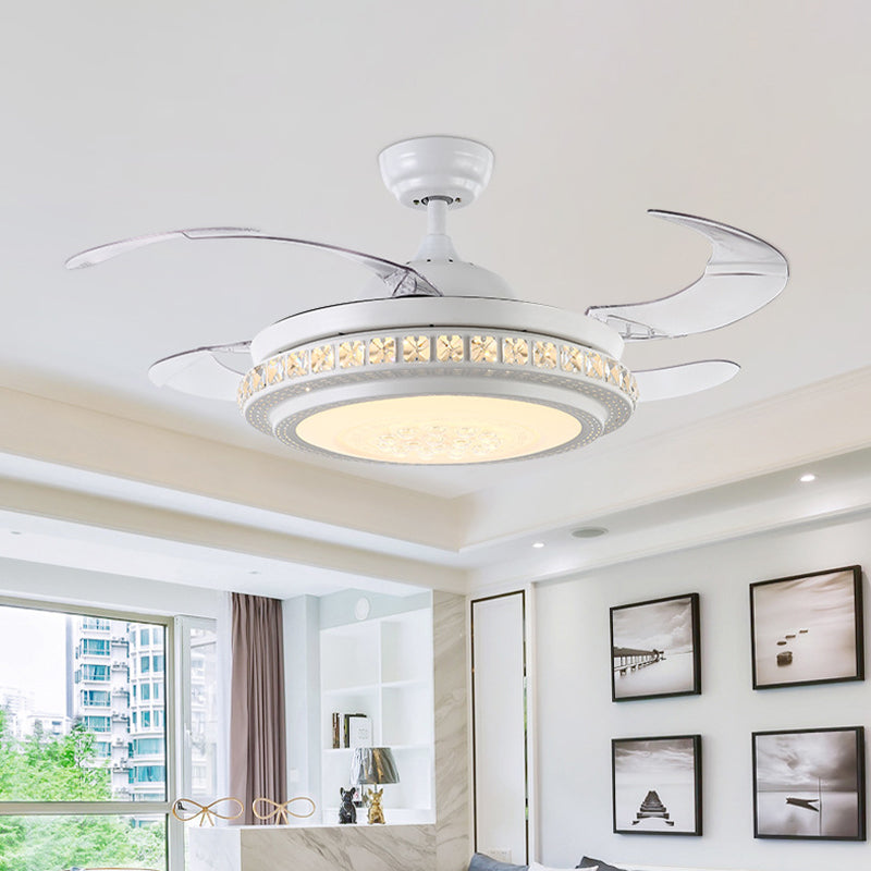 42" W Crystal Circle Semi Flush Modernist LED Living Room Ceiling Fan Lighting in White with 4 Blades, Wall/Remote Control/Frequency Conversion and Remote Control