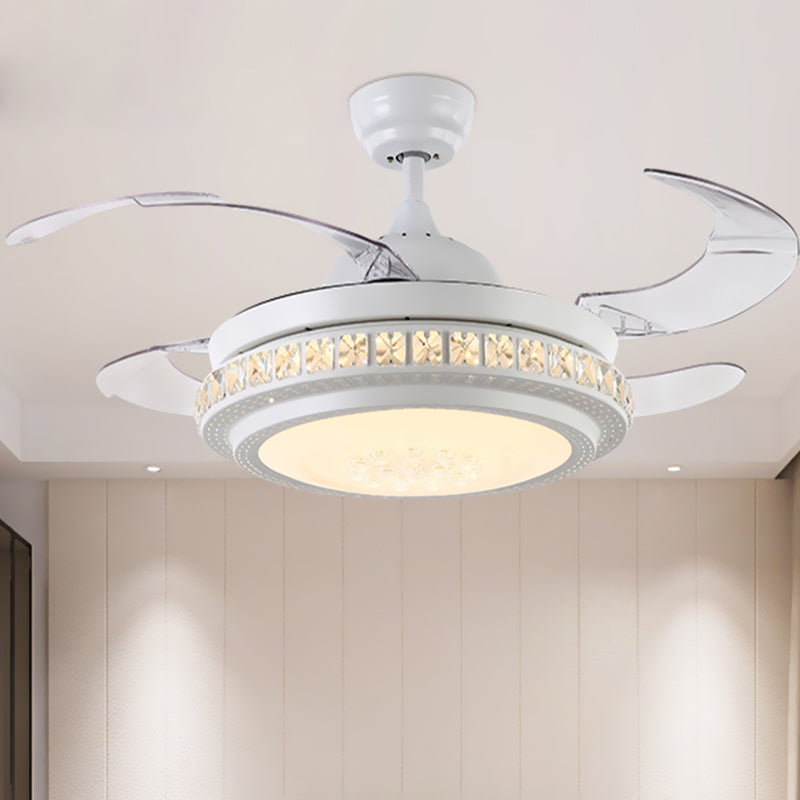 42" W Crystal Circle Semi Flush Modernist LED Living Room Ceiling Fan Lighting in White with 4 Blades, Wall/Remote Control/Frequency Conversion and Remote Control