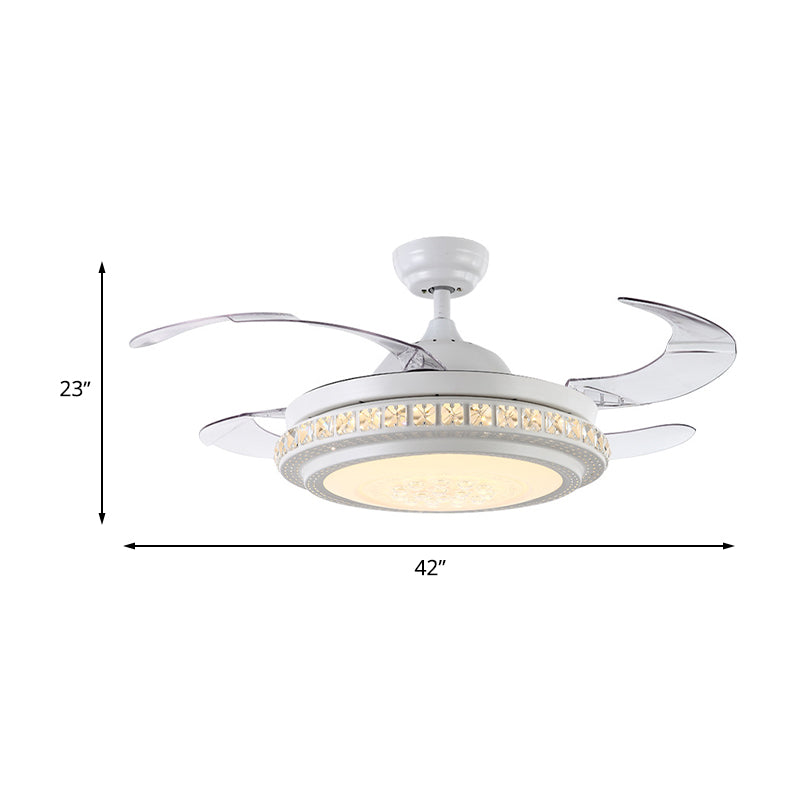 42" W Crystal Circle Semi Flush Modernist LED Living Room Ceiling Fan Lighting in White with 4 Blades, Wall/Remote Control/Frequency Conversion and Remote Control