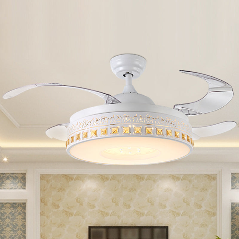 42" Width LED Crystal Semi Flush Mount Simplicity White Ring Dining Room Hanging Fan Light with 4 Clear Blades, Remote/Wall Control/Frequency Conversion