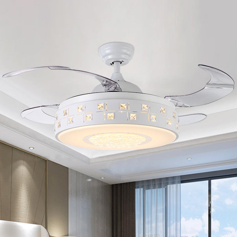 42" Wide Modern Drum Semi Flush Light LED Metal 4 Blades Pendant Fan Lamp in White, Remote/Wall Control/Frequency Conversion and Remote Control