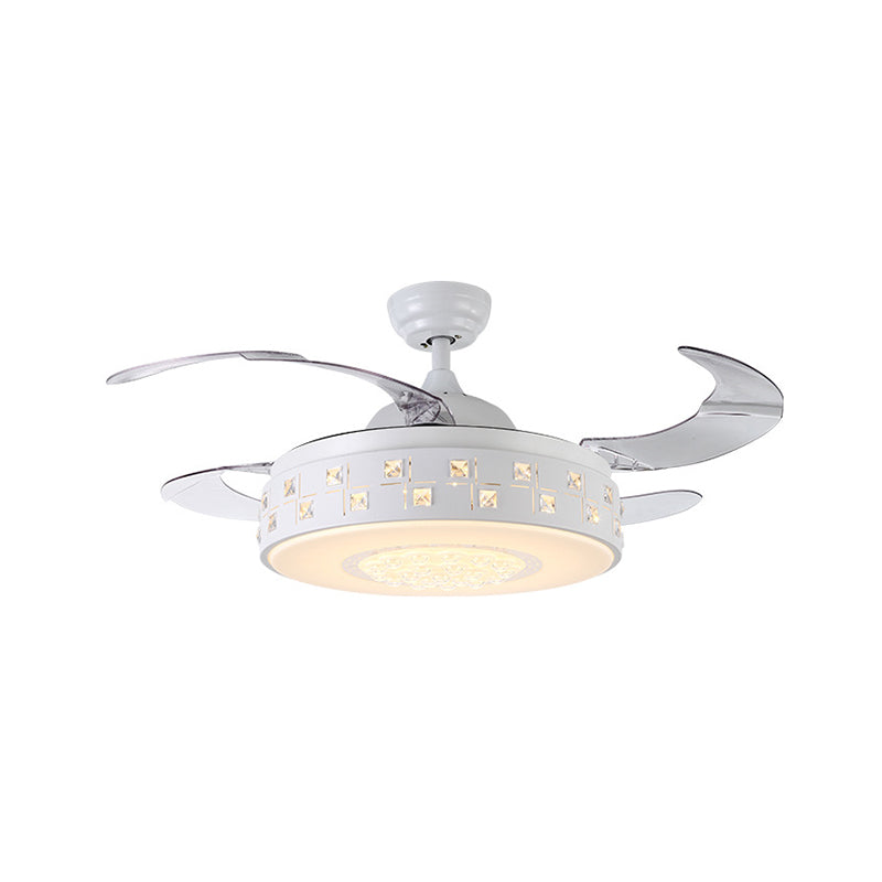 42" Wide Modern Drum Semi Flush Light LED Metal 4 Blades Pendant Fan Lamp in White, Remote/Wall Control/Frequency Conversion and Remote Control