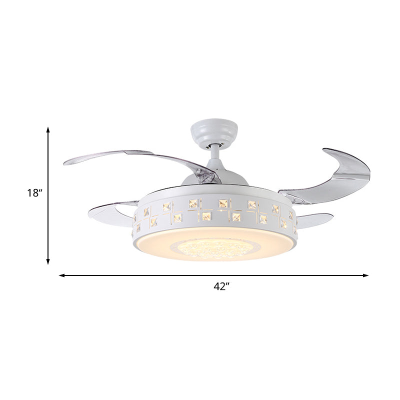 42" Wide Modern Drum Semi Flush Light LED Metal 4 Blades Pendant Fan Lamp in White, Remote/Wall Control/Frequency Conversion and Remote Control