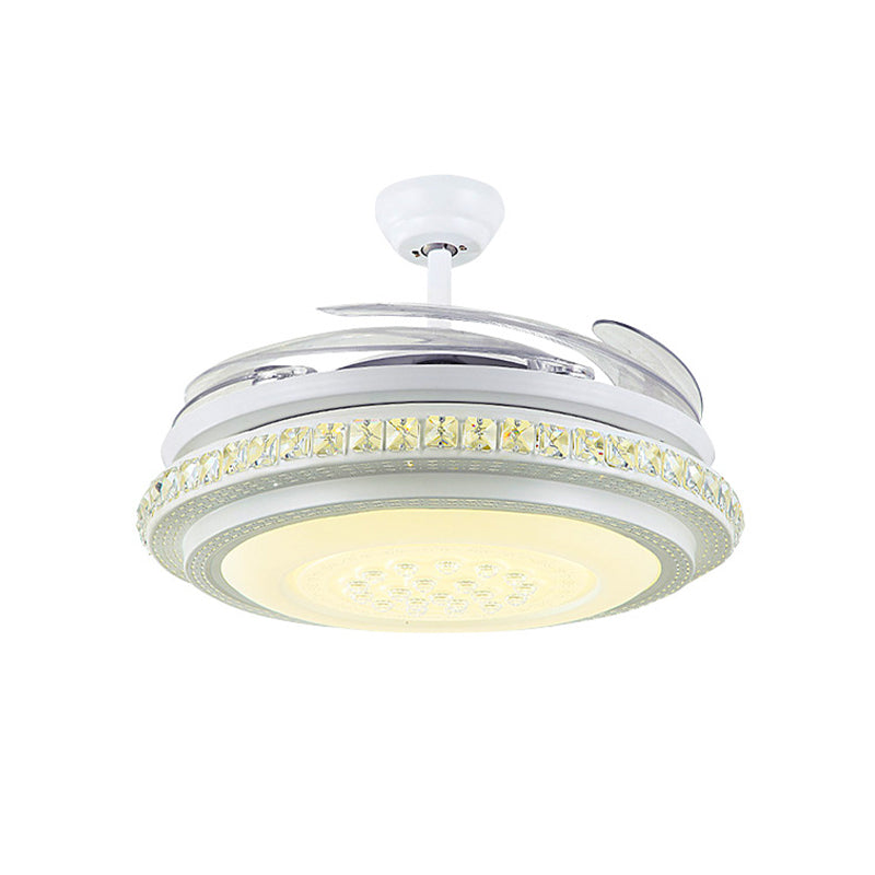 42" Width LED Semi Flush Ceiling Light Modern Circular Crystal Hanging Fan Lighting in White with 4 Clear Blades