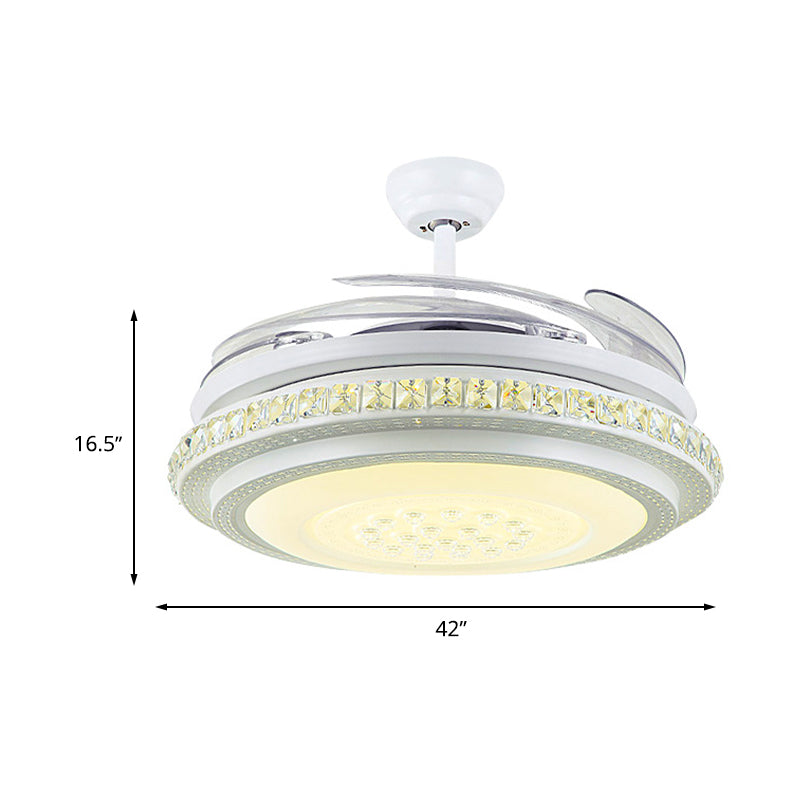 42" Width LED Semi Flush Ceiling Light Modern Circular Crystal Hanging Fan Lighting in White with 4 Clear Blades