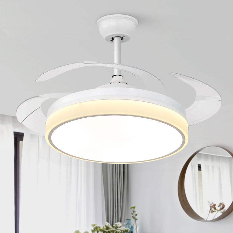 Circle Dining Room Fan Lamp Modern Metal LED 42" W White Semi Flush Mount Light Fixture with 4 Clear Blades, Remote Control/Frequency Conversion and Remote Control