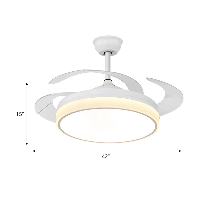 Circle Dining Room Fan Lamp Modern Metal LED 42" W White Semi Flush Mount Light Fixture with 4 Clear Blades, Remote Control/Frequency Conversion and Remote Control