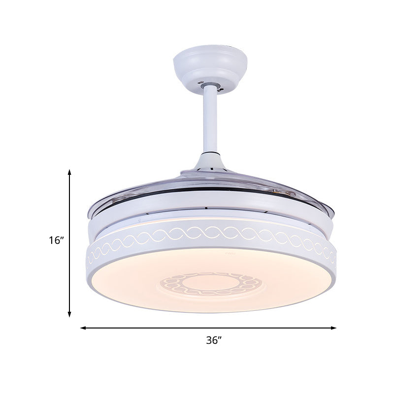 36 "Breedte LED Acryl Hangende ventilator Licht Moderne witte ring Woonkamer Semi -spoelbevestiging met afstandsbediening/frequentieconversie en afstandsbediening, 4 messen