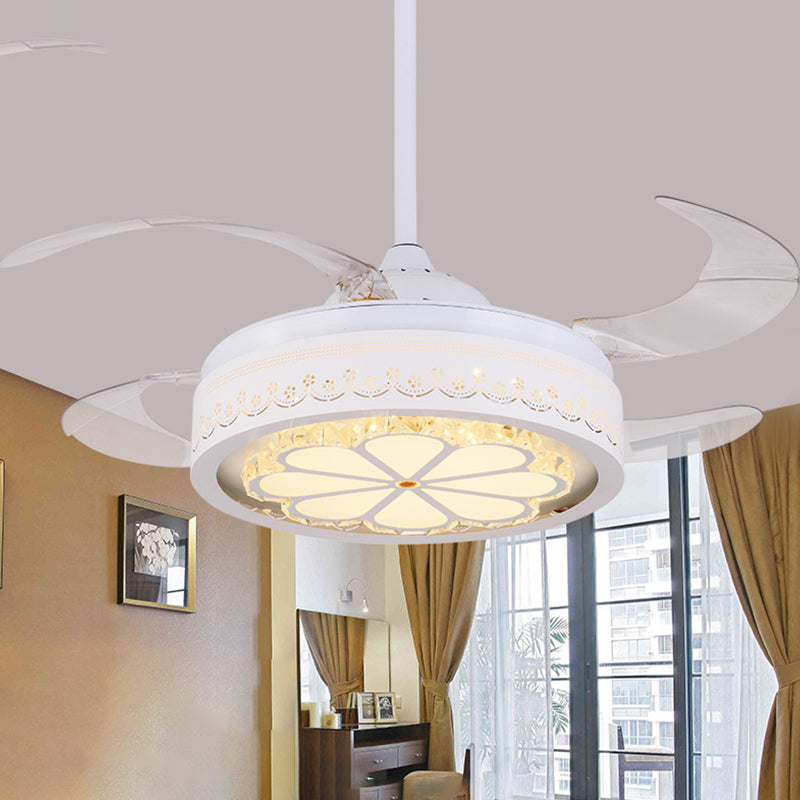 Flower Crystal Ceiling Fan Lighting Modern LED Living Room Semi Flush Light in White with 4 Clear Blades, 42" Wide