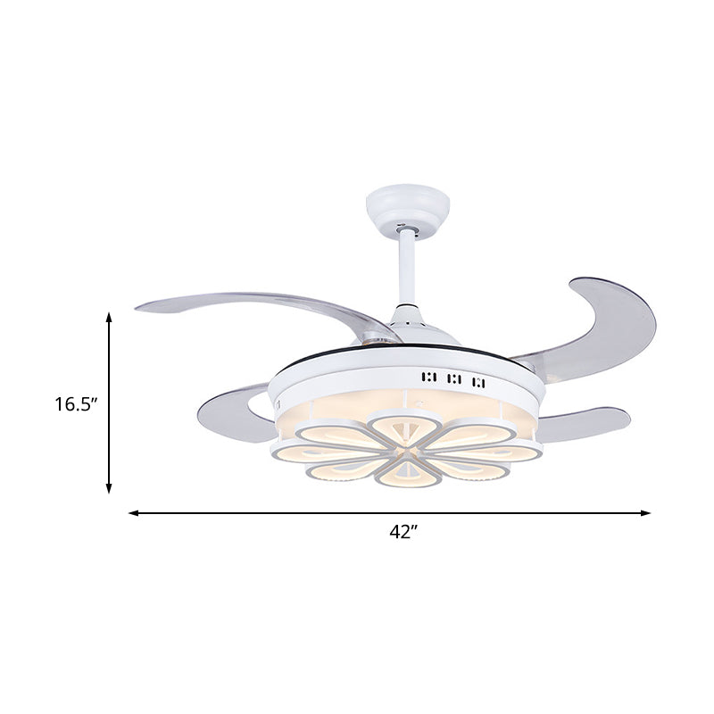 42" W White Floral Shape Fan Lighting Modernism Metal LED Bedroom 4 Blades Semi Flush Ceiling Light, Remote Control/Frequency Conversion and Remote Control