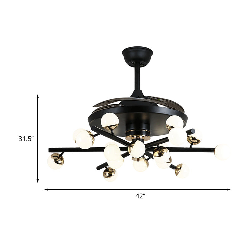 LAMPE DE FAN NOIR / BLANC SPUTNIK 18 TEMPS MODERNE LED MODERNE LEMPRIMMENT MOURT MOURN avec 4 lames transparentes, 42 "de largeur