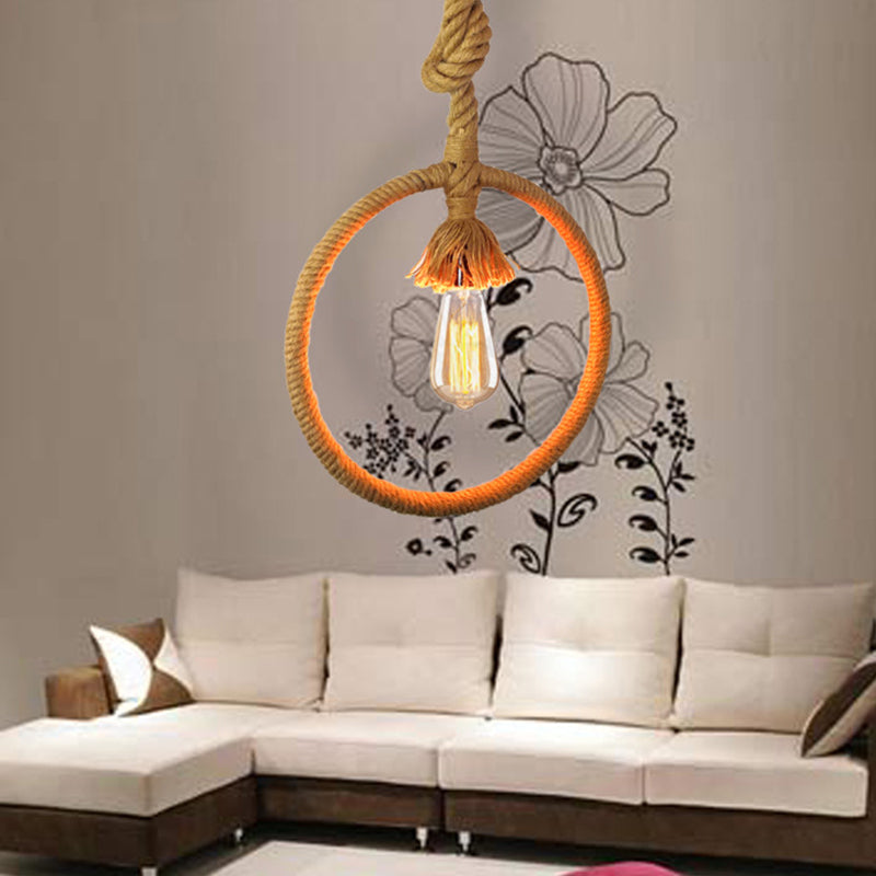 Ring Restaurant Hanging Light Kit Industrial Rope 1-Light Beige suspendu suspendu lampe avec cordon de nœuds