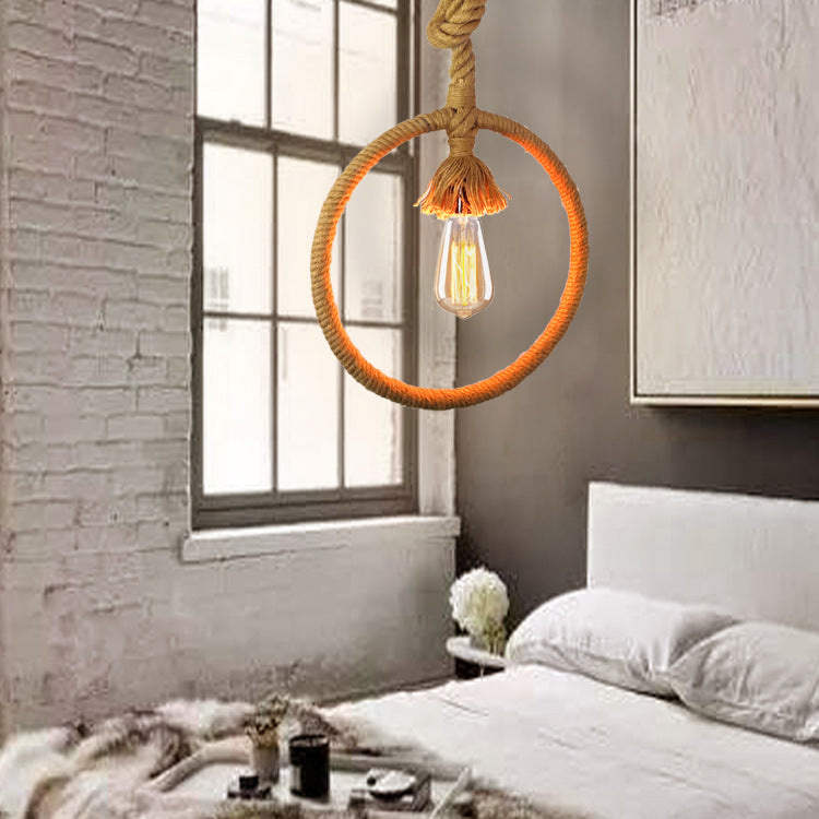 Ring Restaurant Hanging Light Kit Industrial Rope 1-Light Beige Suspended Pendant Lamp with Knots Cord