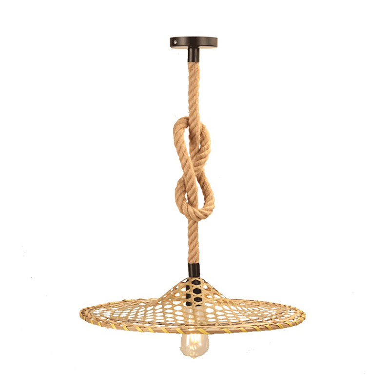 1 Bulb Flat Bamboo Hat Pendant Countryside Beige Rope Hanging Ceiling Light with Knots Design