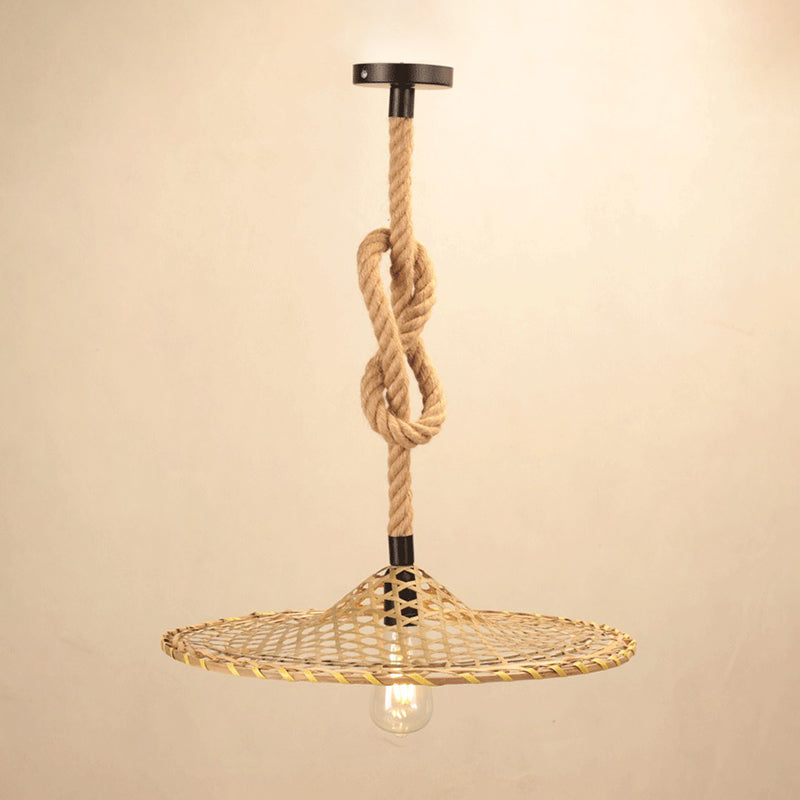 1 Bulb Flat Bamboo Hat Pendant Countryside Beige Rope Hanging Ceiling Light with Knots Design