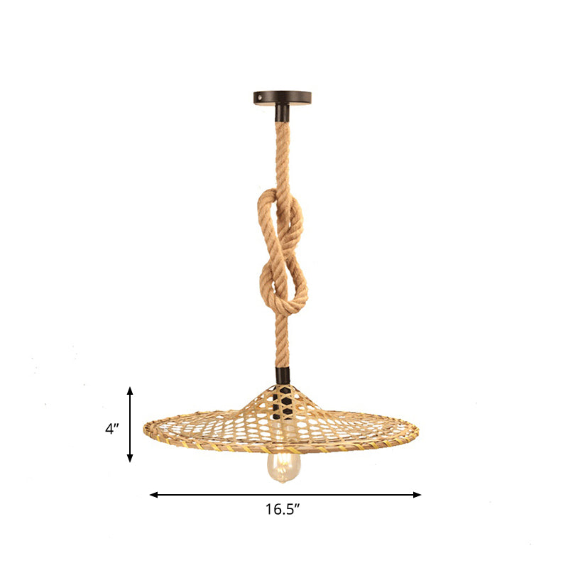 1 Bulb Flat Bamboo Hat Pendant Countryside Beige Rope Hanging Ceiling Light with Knots Design