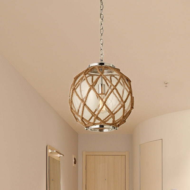 Globe Clear Glass Hanging Lighting Vintage 1 Head Corridor Suspension Lamp in Beige with Hand-Woven Rope Detail