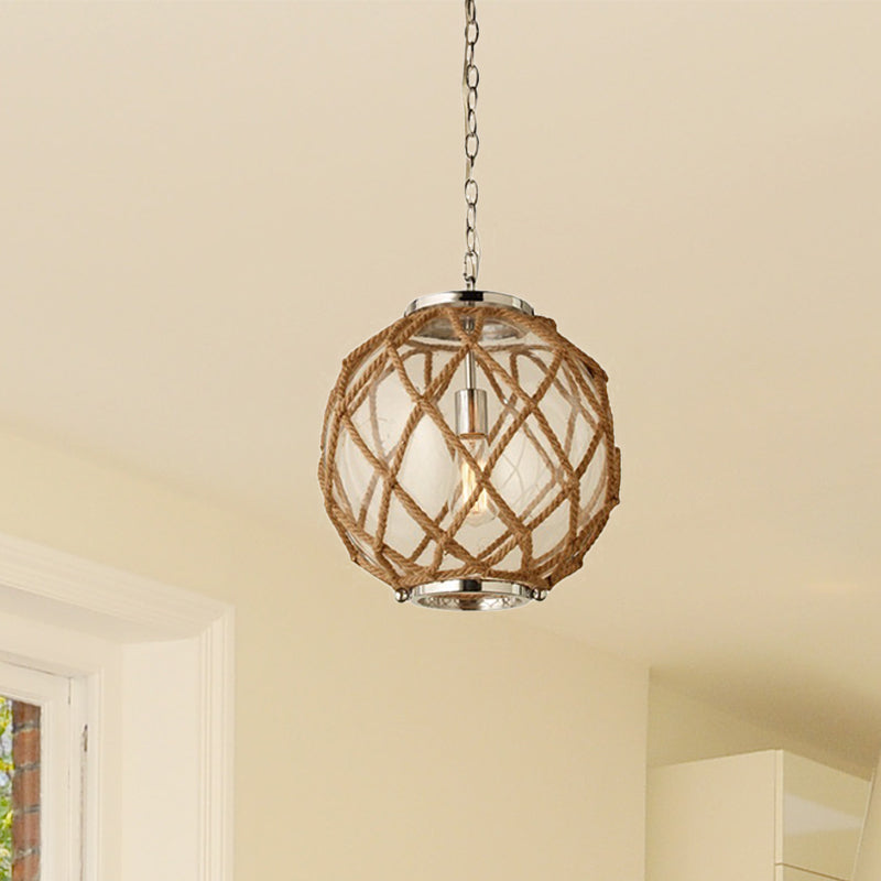 Globe Clear Glass Hanging Lighting Vintage 1 Head Corridor Suspension Lamp in Beige with Hand-Woven Rope Detail