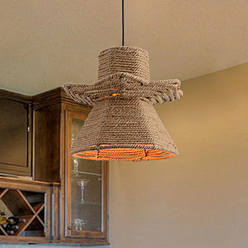 Beige 1-Head Ceiling Pendant Light Antiqued Rope Urn Shape Hanging Lamp Fixture for Restaurant