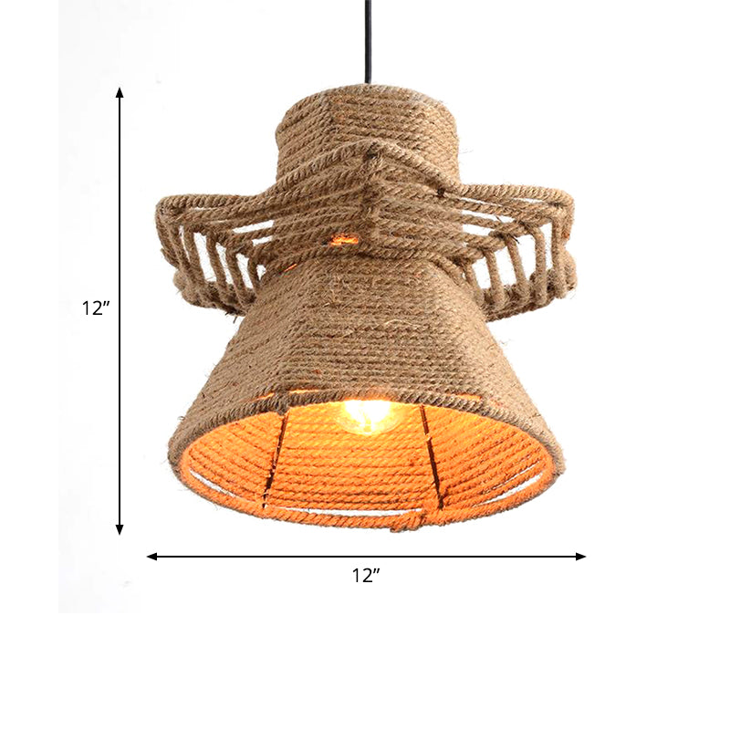 Beige 1-Head Ceiling Pendant Light Antiqued Rope Urn Shape Hanging Lamp Fixture for Restaurant