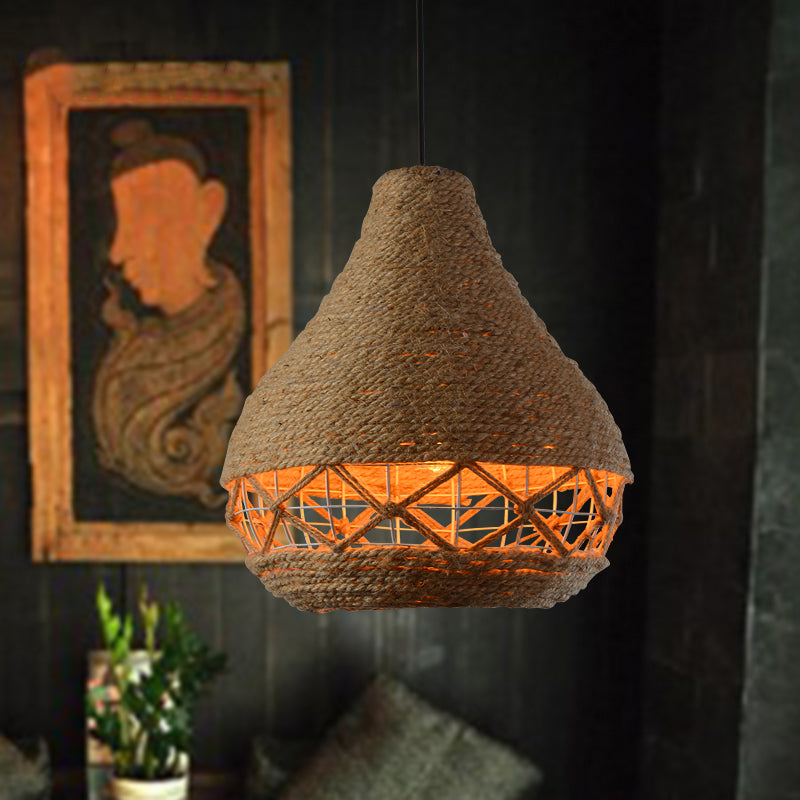 Teardrop Rope Hanging Light Countryside 1-Bulb Restaurant Ceiling Pendant Lamp in Beige