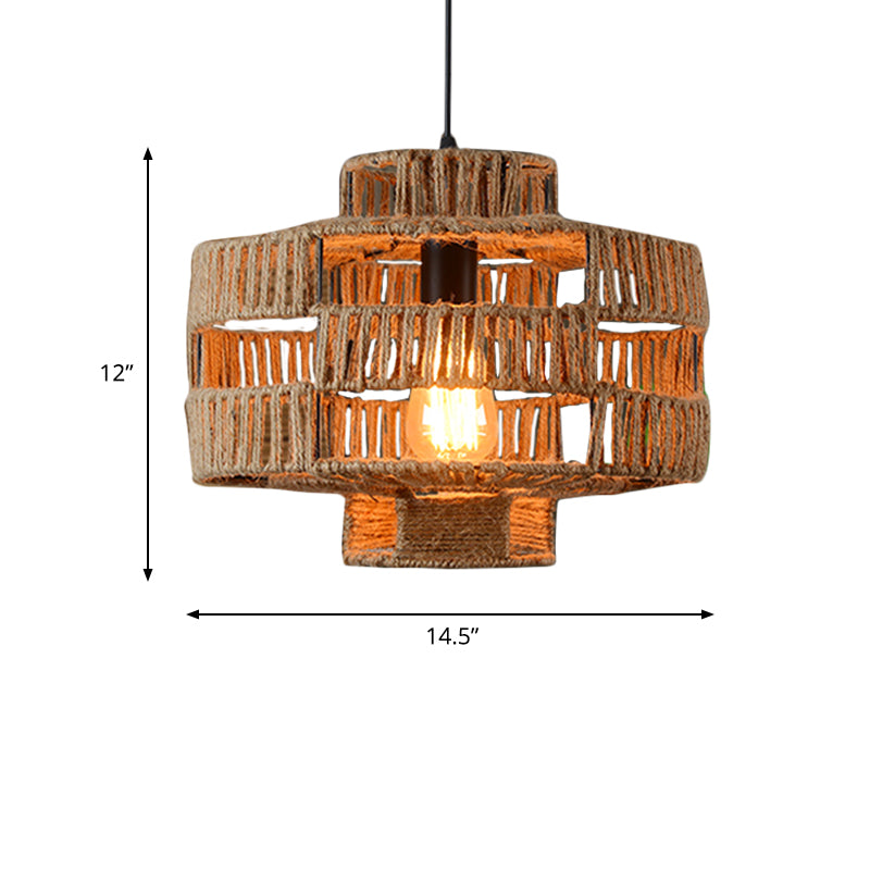 1 Light Drum Frame Ceiling Light Fixture Vintage Beige Rope Pendant Lamp for Restaurant