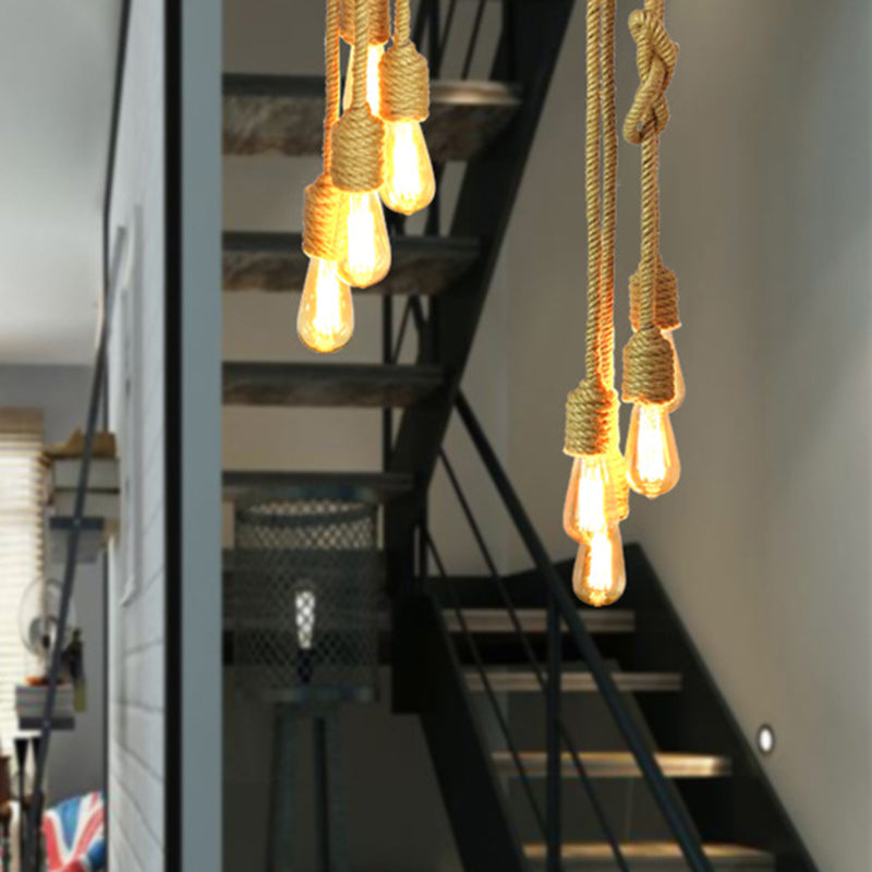 Industrielle Bare -Glühbirnen -Cluster -Anhänger Licht 4 Köpfe Seilhängung Deckenlampe im Beige mit Knoten Design