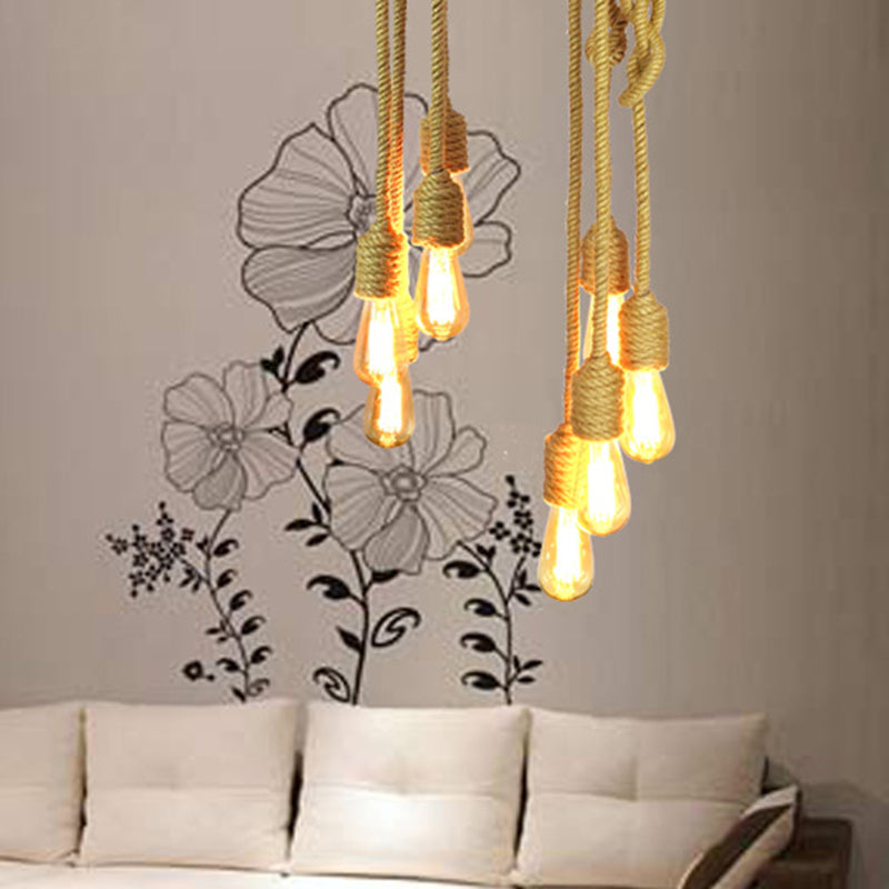 Industrial Bare Bulb Cluster Pendant Light 4 Heads Rope Hanging Ceiling Lamp in Beige with Knots Design