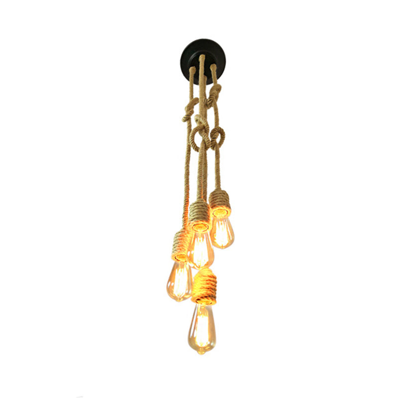 Industrial Bare Bulb Cluster Pendant Light 4 Heads Rope Hanging Ceiling Lamp in Beige with Knots Design