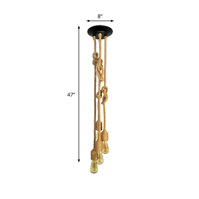 Bulbe industriel Cluster Pendant Light 4 Heads Corde suspendue plafonnier plafonnier en beige avec design de nœuds