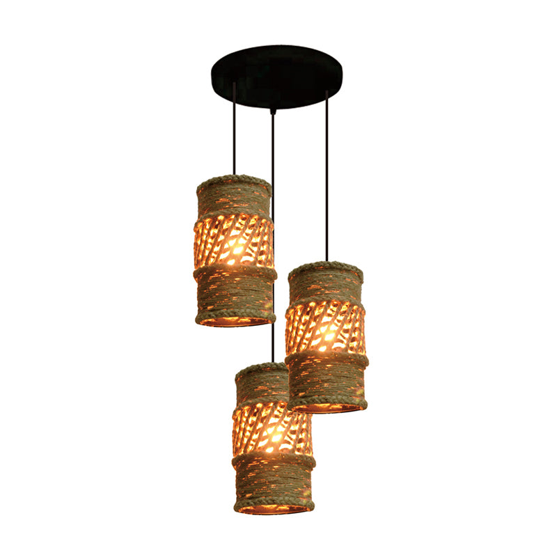 3-Head Ceiling Lighting Farmhouse Restaurant Cluster Pendant Lamp with Cylinder Rope Shade in Beige with Round Canopy