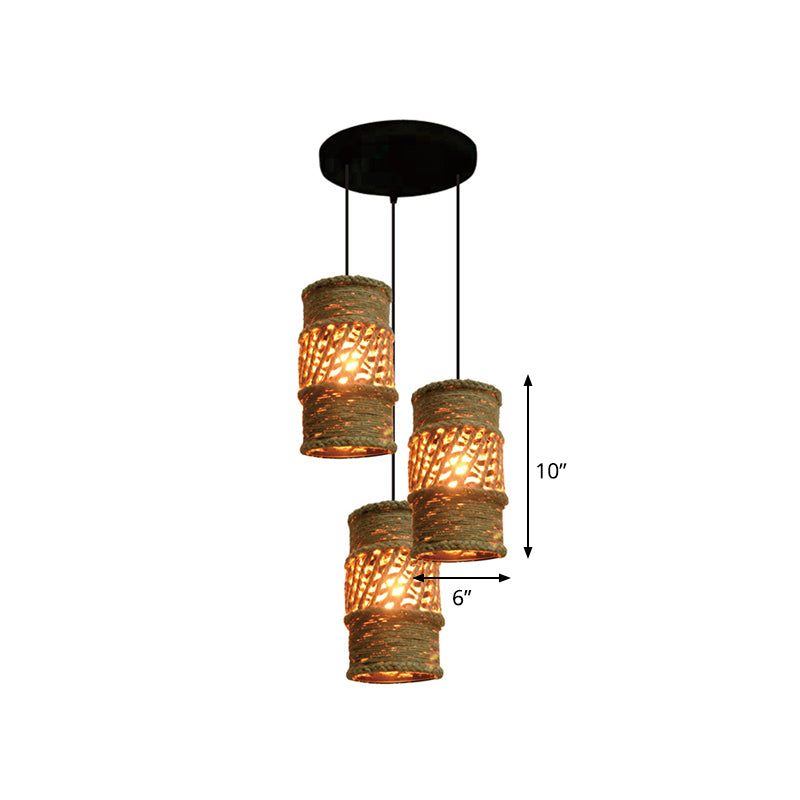 3-Head Ceiling Lighting Farmhouse Restaurant Cluster Pendant Lamp with Cylinder Rope Shade in Beige with Round Canopy