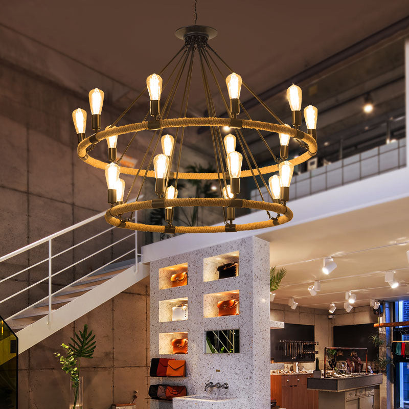 2-Tier Ring Rope Hanging Chandelier Industrial 18 Lights Restaurant Ceiling Pendant Lamp in Beige