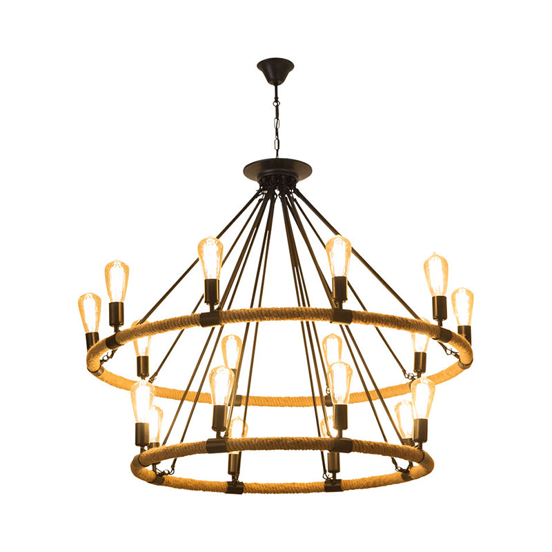 2-Tier Ring Rope Hanging Chandelier Industrial 18 Lights Restaurant Ceiling Pendant Lamp in Beige