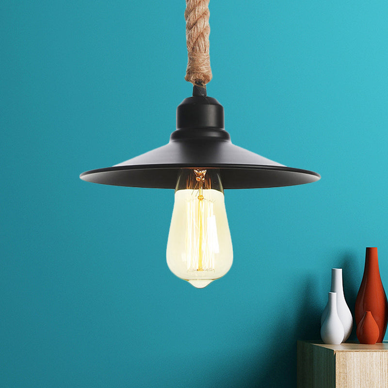 Metal Flat/Cone Pendant Lighting Industrial 7"/8.5" Width 1 Light Living Room Hanging Lamp in Black with Rope Cord