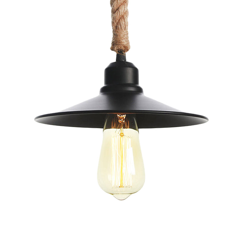 Metal Flat/Cone Pendant Lighting Industrial 7"/8.5" Width 1 Light Living Room Hanging Lamp in Black with Rope Cord