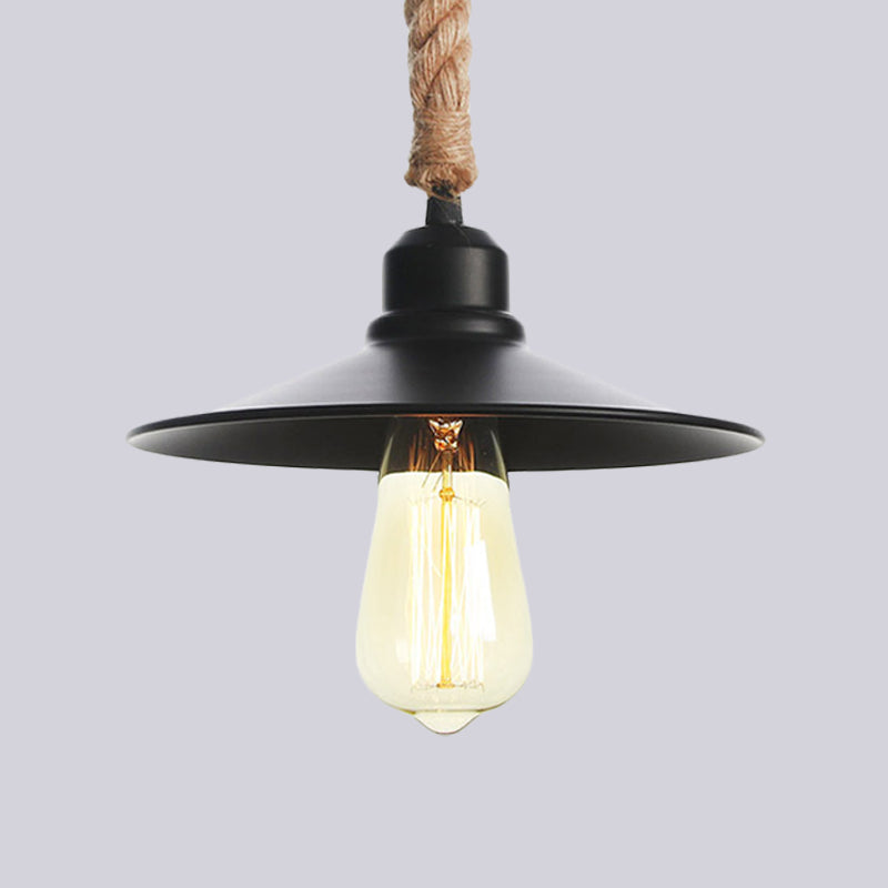 Metal Flat/Cone Pendant Lighting Industrial 7"/8.5" Width 1 Light Living Room Hanging Lamp in Black with Rope Cord