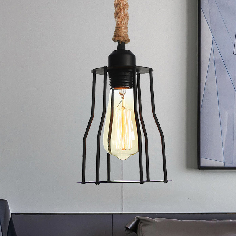 Drahtkäfig -Esszimmer hängend hängendes Vintage Metallic 1 Glühbirne Schwarz Anhängerlampe mit Seilkabel