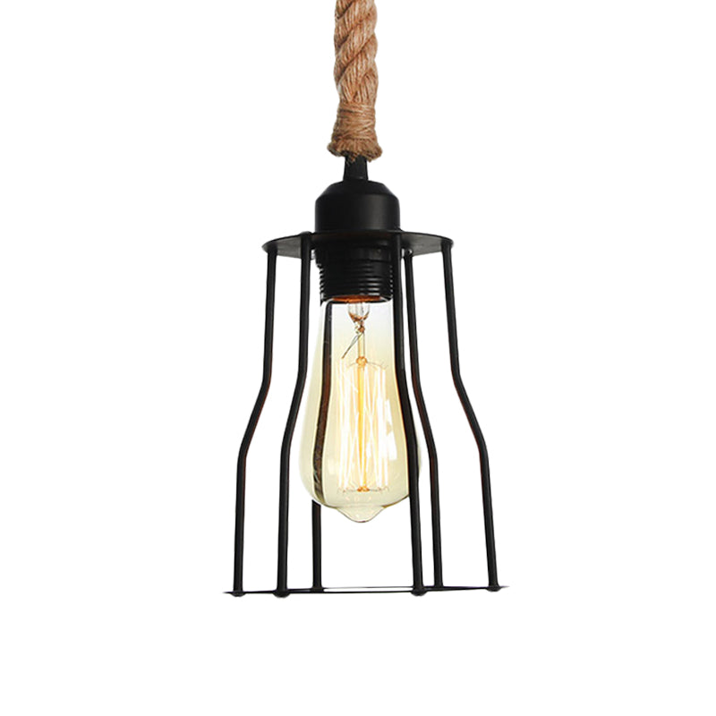 Draadkooi eetkamer hangende licht vintage metallic 1 lamp zwarte hanglamp met touwsnoer