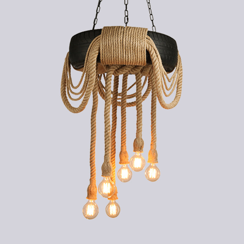 6 Lichter nackte Glühbirne Anhänger Kronleuchter Industrial Beige Seildecke mit Reifendesign